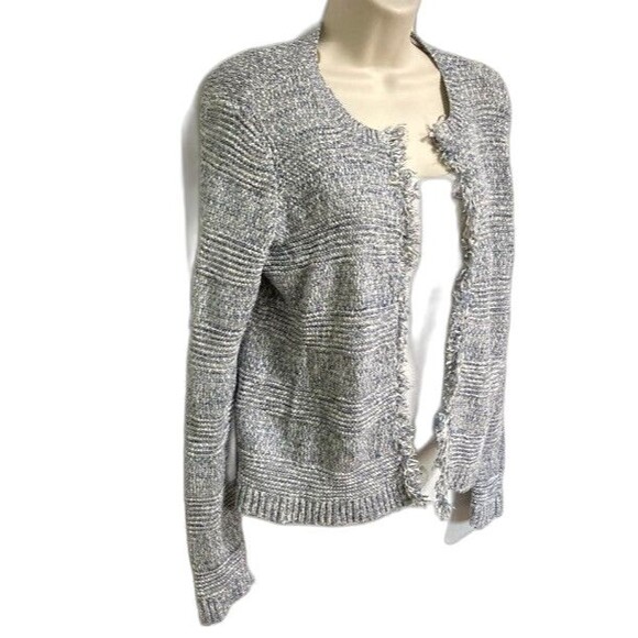 ANN TAYLOR Loft Fringe Sweater Cardigan Jacket Blue Gray Marled Womens Medium - Picture 3 of 12